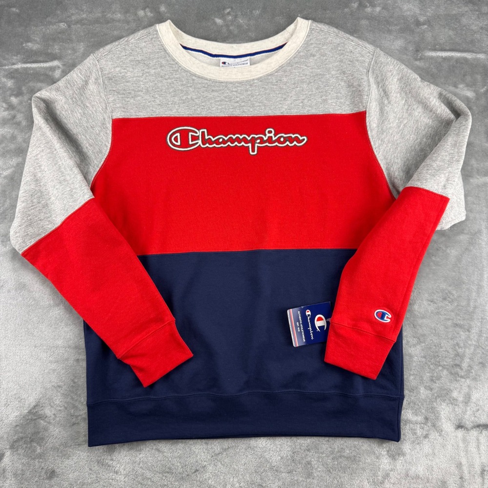 Champion Mens Colorblock Crewneck Sweatshirt Red Grey Navy Blue Logo Large NWT